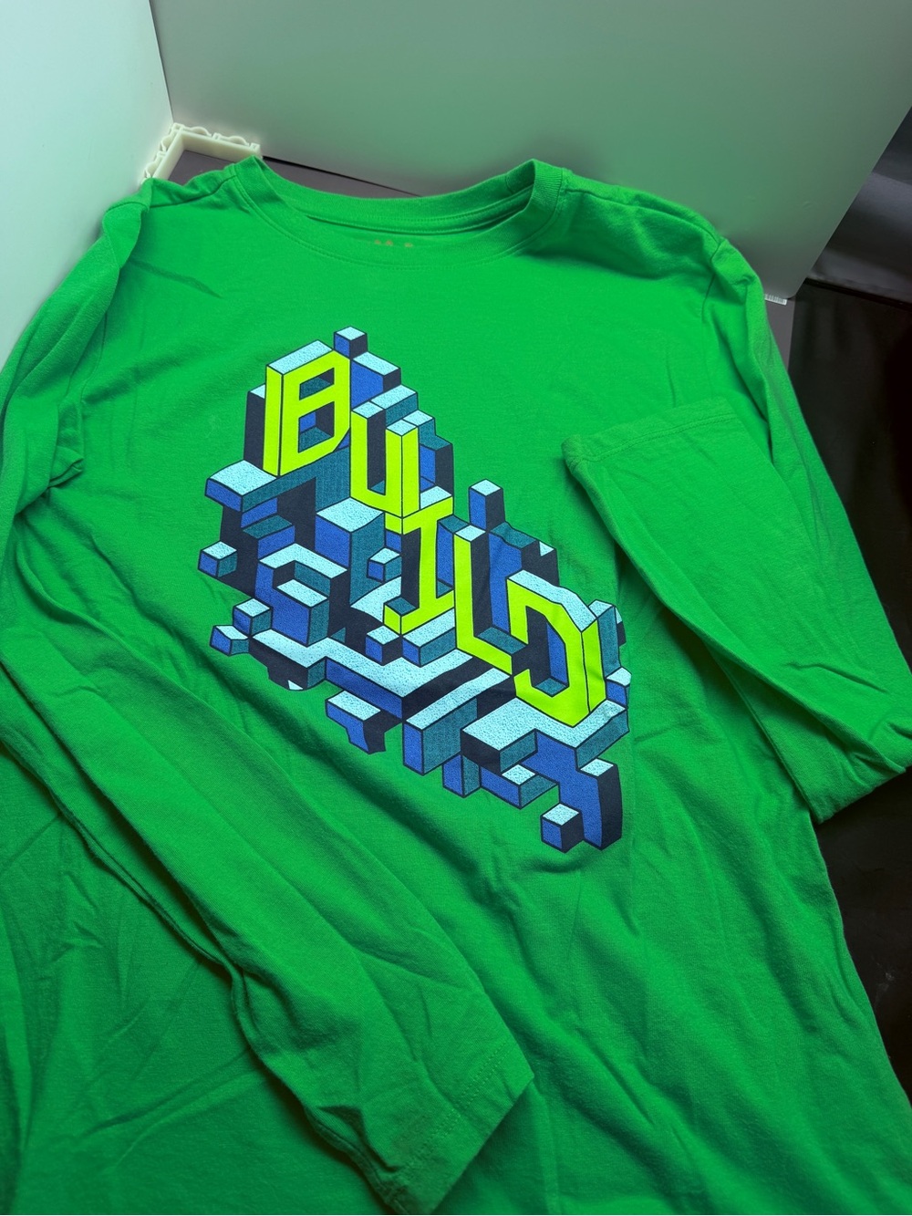 Cat & Jack Bright Green Long Sleeve Tee with Geometric 'BUILD' Graphic